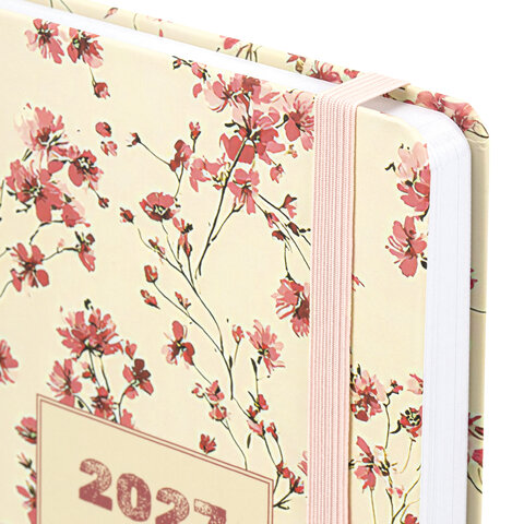 Ежедневник датированный 2027 с резинкой, 145х203 мм, А5, BRAUBERG, твердый, "Flower pattern", 117831