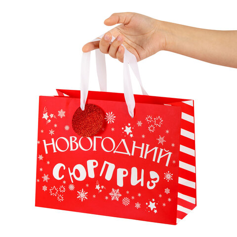 Пакет подарочный (1 шт.) новогодний, 27х11х20 см, "Новогодний подарок", ламинация, ассорти, ЗОЛОТАЯ СКАЗКА, 592449