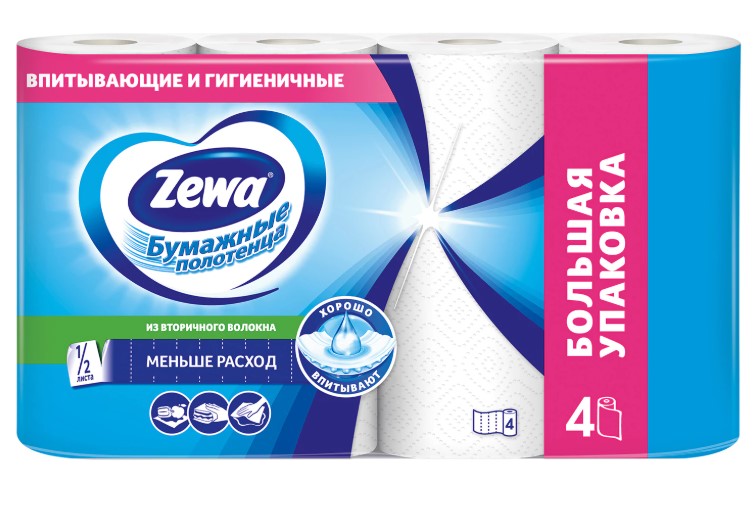 Полотенце бумажное ZEWA 2-х слойное, спайка 4шт.х15м, белое, 144099, ш/к 24303