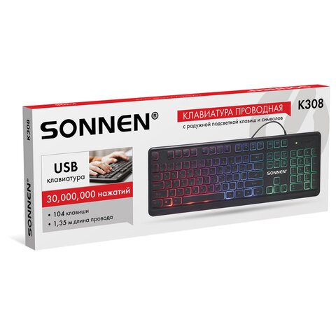 Клавиатура проводная USB, 104 плоские клавиши, LED-подсветка, SONNEN K308, черная, 513947