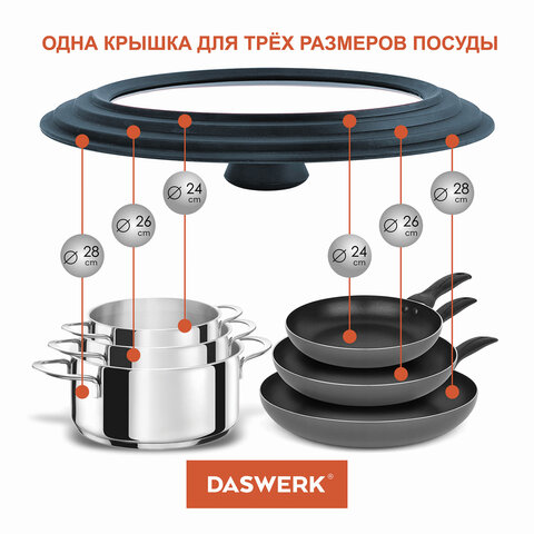 Крышка для любой сковороды и кастрюли универсальная 3 размера (24-26-28 см) антрацит, DASWERK (ДАСВЕРК), 607589