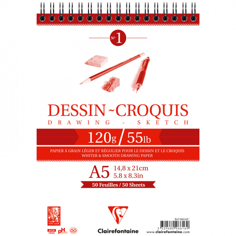 Скетчбук 50л., А5 Clairefontaine на гребне, 120г/м2