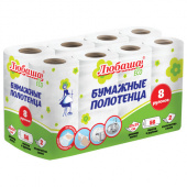 Полотенца бумажные 2-слойные, спайка 8 рулонов (8х13 м), ЛЮБАША ECO, 114743