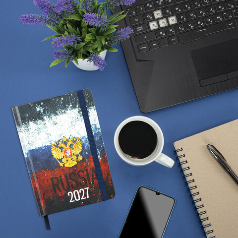 Ежедневник датированный 2027 с резинкой, 145х203 мм, А5, BRAUBERG, твердый, фольга, "Russia", 117818