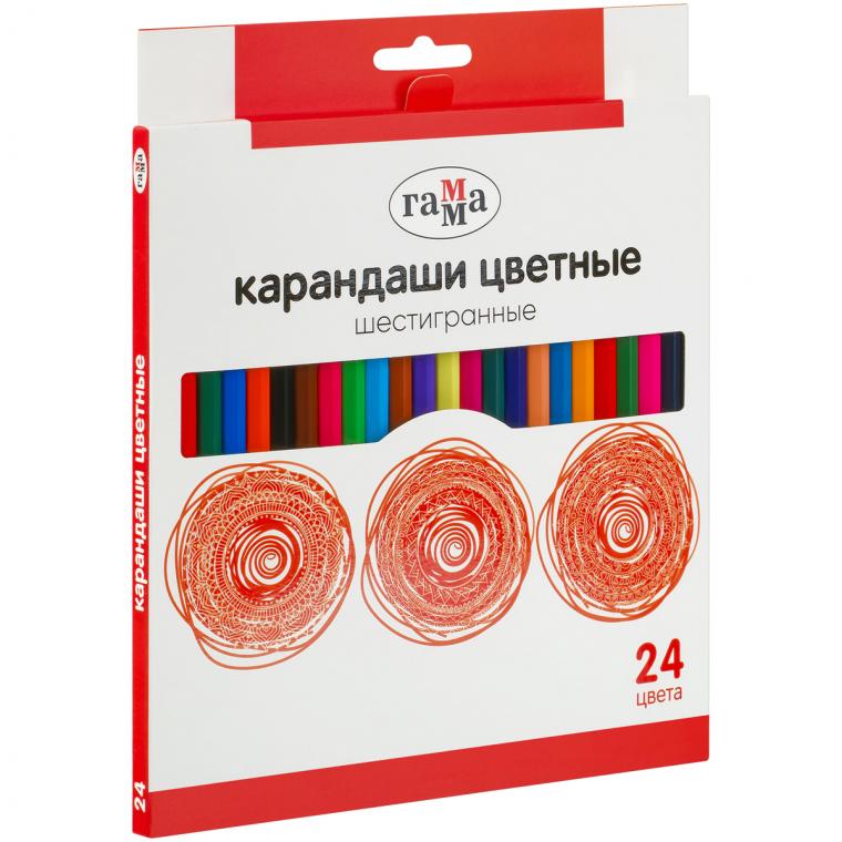 Карандаши цветные Гамма, 24цв., шестигранные, заточен., картон. упаковка, европодвес
