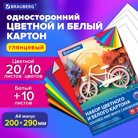 Набор картона БЕЛЫЙ + ЦВЕТНОЙ, A4, мелованный, 30 листов (белый 10 листов + цветной 20 листов, 10 цветов), папка, BRAUBERG, 116423
