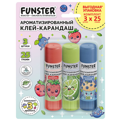 Клей-карандаш ароматизированный FUNSTER (ФАНСТЕР), клубника, лайм, черничный маффин, 25 г, ВЫГОДНАЯ УПАКОВКА, 3 штуки на блистере, 274271