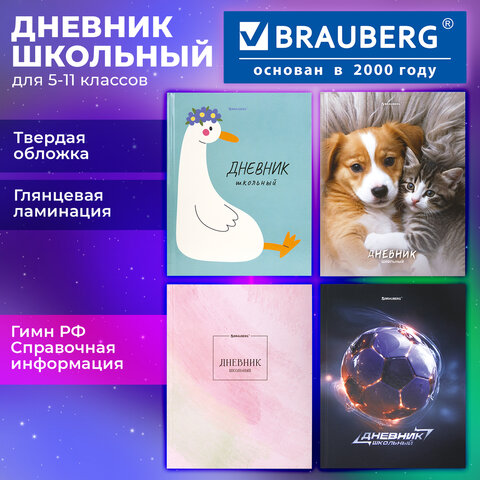 Дневник 5-11 класс 48 л., твердый, BRAUBERG, глянцевая ламинация, с подсказом, "МИКС", 107612