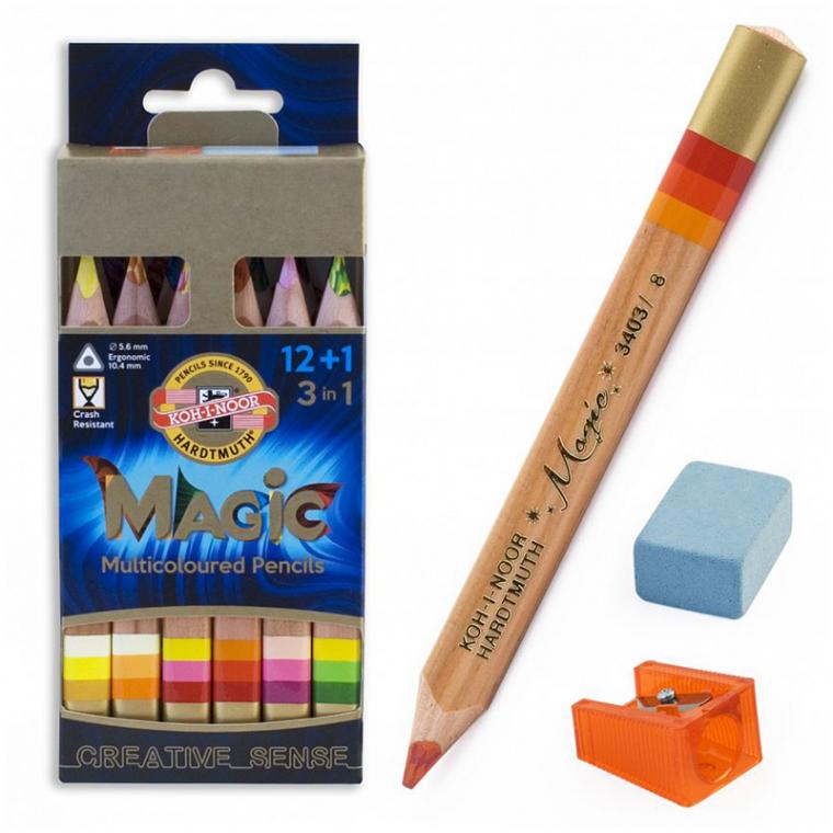 Карандаши с многоцв. гриф. Koh-I-Noor "Magic", 13цв., утолщен, заточ, точилка+ластик, картон, европодвес (ПОД ЗАКАЗ)