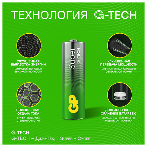 Батарейки КОМПЛЕКТ 20 шт., GP Super G-Tech, AA (LR6,15А), алкалиновые, пальчиковые, 15A-2CRVS20, GP 15A-2CRVS20