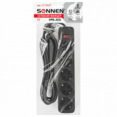 Сетевой фильтр SONNEN SPB-305, 5 розеток с заземлением, выключатель, 10 А, 3 м, черный, 513657