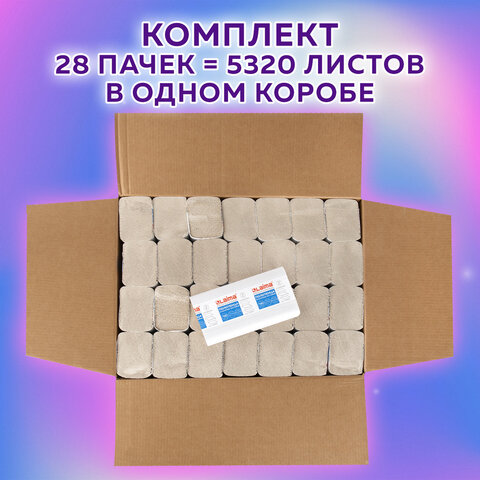 Полотенца бумажные 190 шт., КОМПЛЕКТ 28 пачек, LAIMA ECONOMY (H2), Z-сложение, натуральный цвет, 22,5х20,5 см, 115360