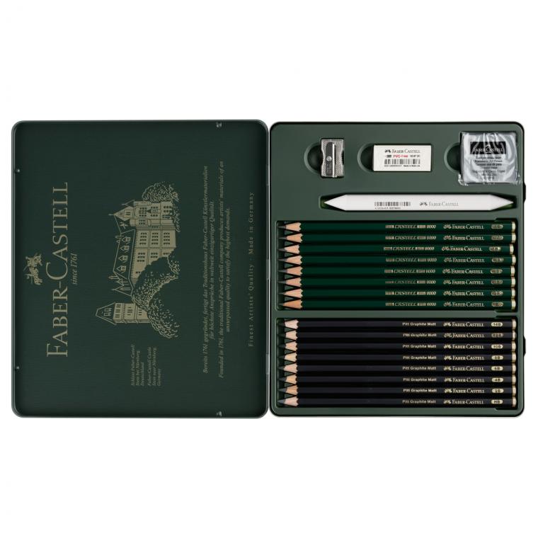 Набор карандашей ч/г Faber-Castell "Pitt Graphite Matt" и "Castell 9000", 20 предметов, заточен., метал. кор.