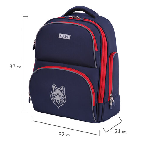 Рюкзак BRAUBERG CLASSIC, легкий каркас, премиум материал, "Wild wolf", синий, 37х32х21 см, 271393