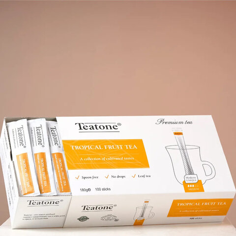 Чай TEATONE "Tropical fruit tea" черный с ароматом тропических фруктов, 100 стиков по 1,8 г, 1247