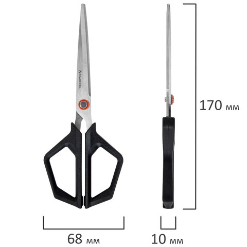 Ножницы BRAUBERG "Super black" 170 мм, черные, 3-сторонняя заточка, ручки из ABS-пластика, 238854