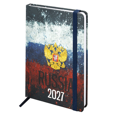 Ежедневник датированный 2027 с резинкой, 145х203 мм, А5, BRAUBERG, твердый, фольга, "Russia", 117818