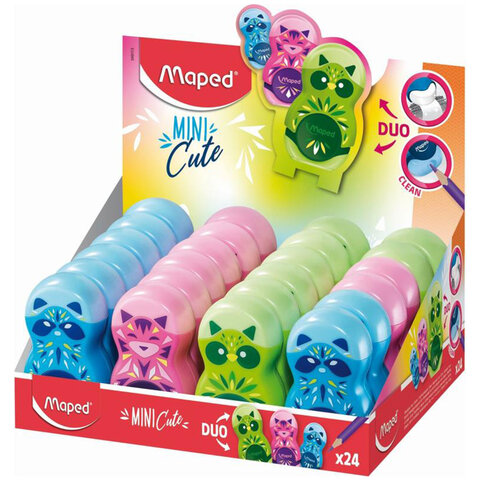 Точилка с ластиком MAPED "LOOPY Mini Cute", с контейнером, корпус ассорти, 049113