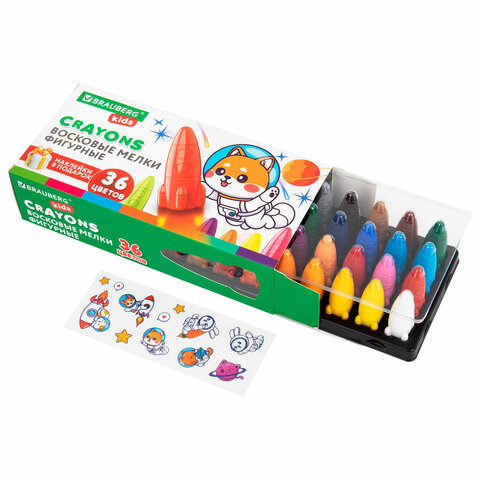 Восковые мелки фигурные BRAUBERG KIDS "РАКЕТА", НАБОР 36 цветов + НАКЛЕЙКИ В ПОДАРОК, 273084