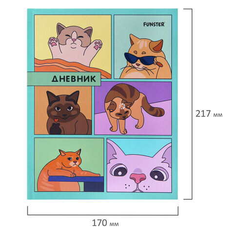 Дневник 5-11 класс 48 л., твердый, FUNSTER (ФАНСТЕР), выборочный лак, с подсказом, "Мемные коты", 107617