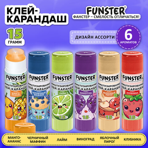 Клей-карандаш ароматизированный FUNSTER (ФАНСТЕР), ассорти 6 запахов, 15 г, 274269