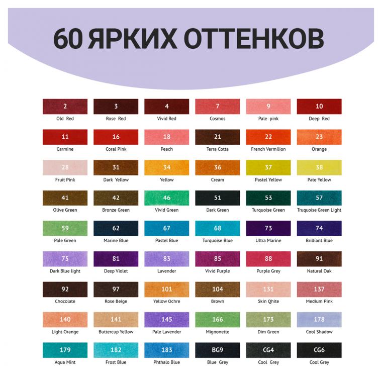 Набор двусторонних маркеров для скетчинга MESHU 60цв., основные цвета, корпус трехгранный, пулевид./клиновид.наконечники, текстильный чехол на молнии