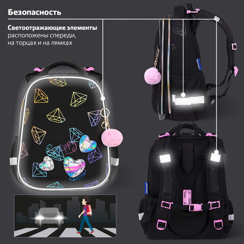 Ранец BRAUBERG LUMINOUS, 2 отделения, с брелоком, "Бриллианты", СВЕТЯЩИЙСЯ РИСУНОК, 38х29х16 см, 272070